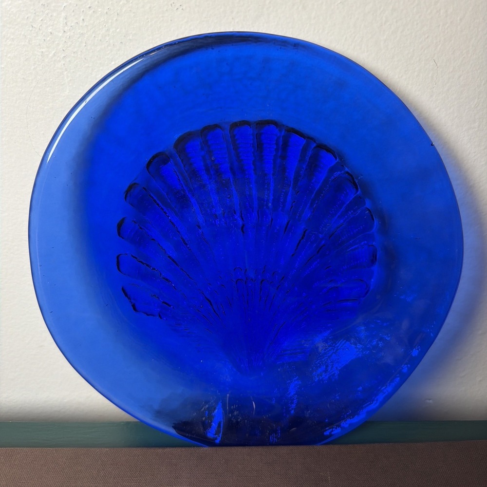 Cobalt Blue Recycled Pressed Glass Seashell Dish Nautical Beach House 8.5''